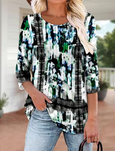 KISSMODA Tunic Tops for Women Loose Fit Dressy Round Neck Pleated 3/4 Length Sleeve Spring Tops