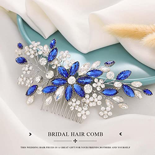 Catery Bride Wedding Hair Comb Blue Rhinestone Side Combs Bridal Hair Piece Headpiece Hair Accessories Headpiece For Women Pack Of 1(Blue) #TOP2