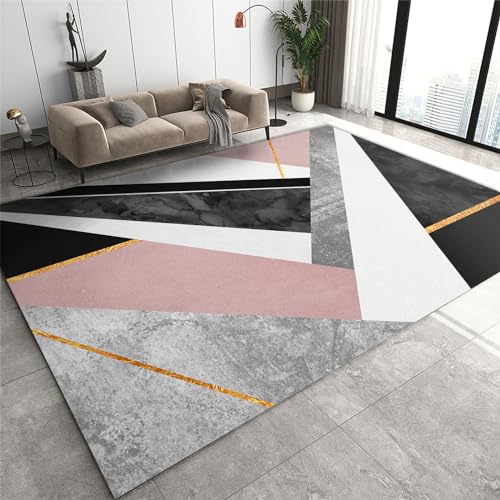 Grey White Pink Black Marble Area Rugs, Pink Gold Abstract