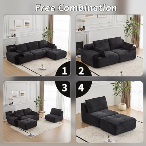 Image of L Shape Sofa Rearrangeable, Oversized Cloud Couch Sectional Modular Sofas with Detachable Ottoman, 4 Pillows and Deep Seat, Corduroy Boneless Couches Sets for Living Room, No Assembly Required, Black