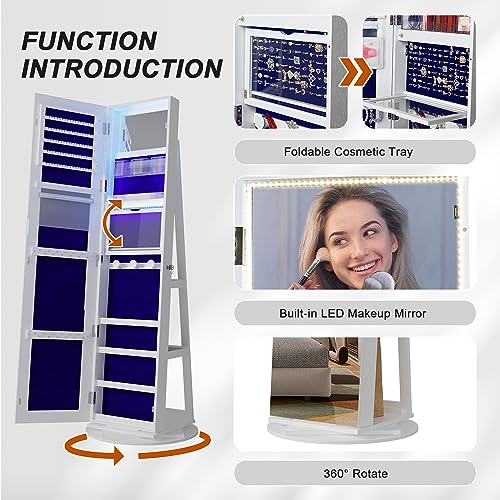 Image of HNEBC LED Light Jewelry Organizer Mirror 360 Rotating, Jewelry Armoire with Door Mirror, Full Length Mirror Jewelry Cabinet, Mirror with Jewelry Storage, Large Jewelry Boxes & Organizers(B White)