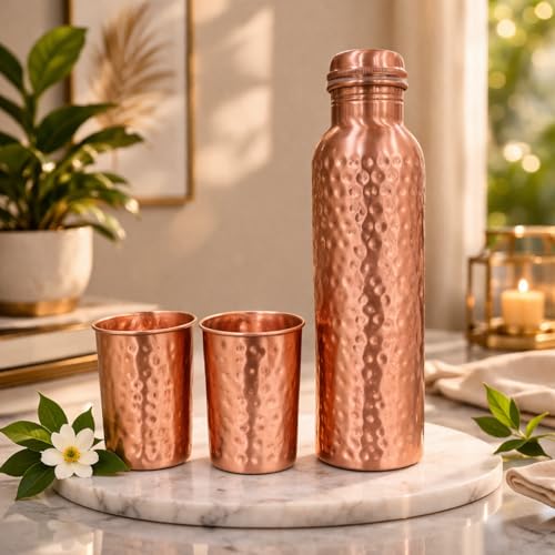 Image of JAIPUR ACE Hammered Pure Copper Water Bottle with Glass Set | 100% Copper Bottle Set | Leak Proof, Ayurvedic Benefits, Premium Design Gift Set for Home, Office, Gifting (Premium Hammered Bottle)