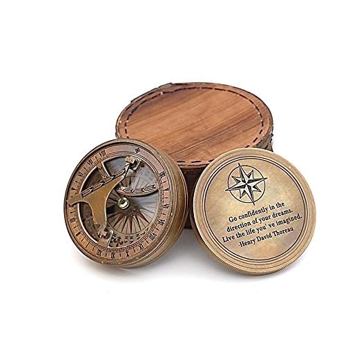 Roorkee Instruments Antique Nautical Vintage Directional Magnetic Sundial Clock Pocket Compass Quote Engraved Gifts with Leather Case, Son, Love Henry David Thoreau Go Confidently in The Direction