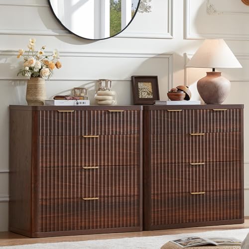 Image of LEYAOYAO Fluted 5 Drawers Dresser for Bedroom Set of 2, 34 inch Tall Modern Chest of Drawers with Metal Handle, Curved Profile Design,Wood Drawer Organizer for Bedroom, Living Room, Hallway,Walnut
