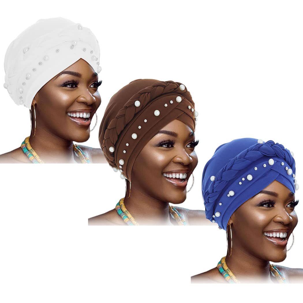 Woeoeafrican Turban Head Wraps Pearls Head Scarf Braid Pre Tied