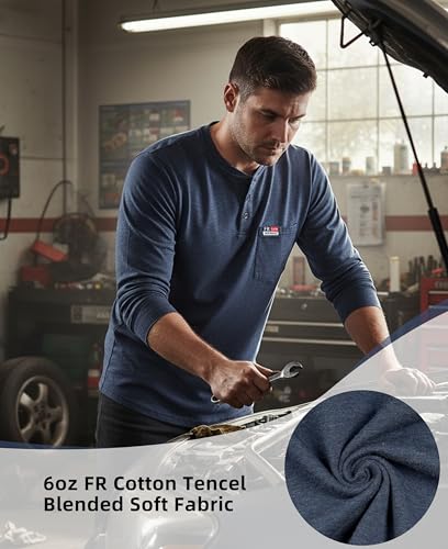 Image of BOCOMAL FR Shirts for Men Long Sleeve EX Soft Flame Resistant Henley CAT2 | NFPA2112 6oz Midweight Cotton Knit Heather Series,Moisture-Wicking /Breathable,Chest Pocket,Rib-Knit Cuffs,Summer Work T Shirt