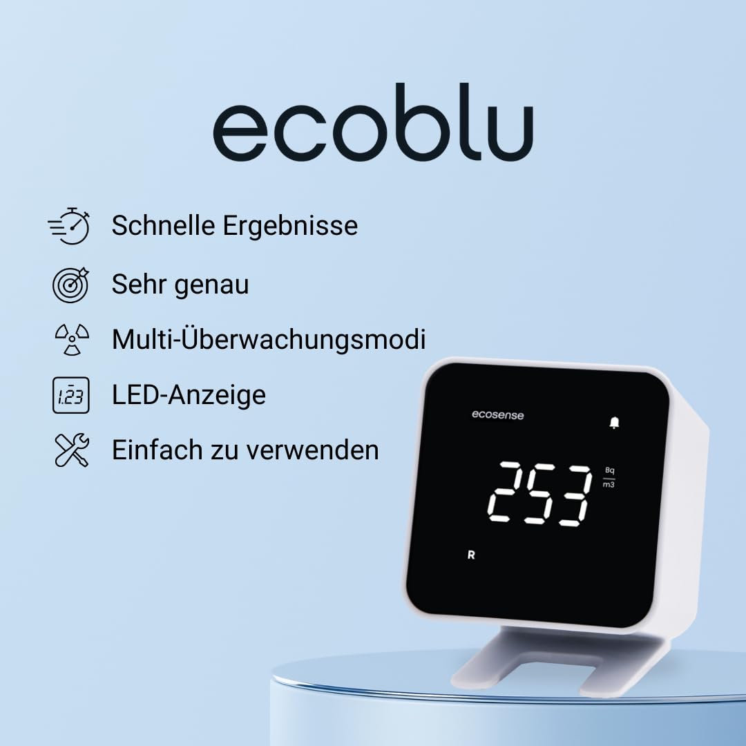 Ecosense EB100 EcoBlu, Heim-Radondetektor, Erfassung und Anzeige von Ergebnissen alle 10 Minuten, kurz- und langfristige, kontinuierliche Überwachung, einfach zu bedienen