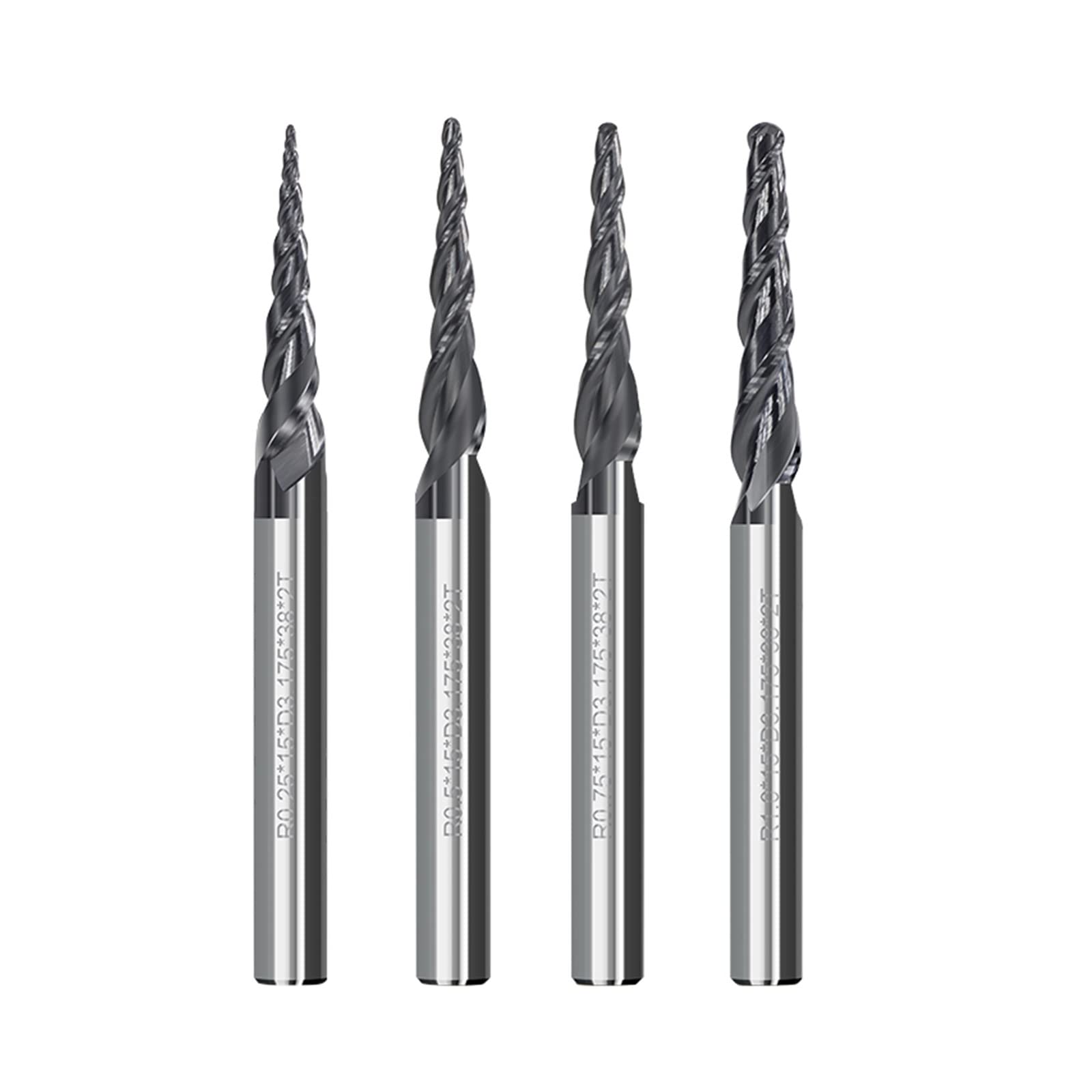 HYUJNAFZR 4pcs 2-Flute Tapered Ball Nose Spiral End Mill R0.25-R1.0 TiAIN Coated CNC Milling Cutter 3.175mm Shank Carbide Woodworking Engraving Bit