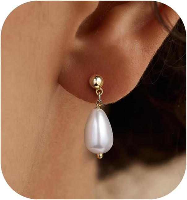 Pearl Earrings - Dainty 14k Gold/White Gold Plated Sparkling Cubic Zirconia Pearl Drop Earrings for Women Wedding Bridal Bridesmaid