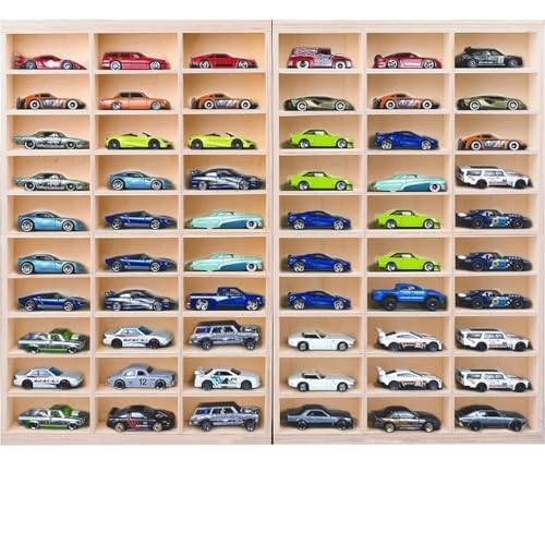 Image of 60 Compartment Wooden Display for Cars with Magnetic Acrylic Protection - Holds 1:64 Scale Cars - Foldable Wall-Mount or Shelf Organizer