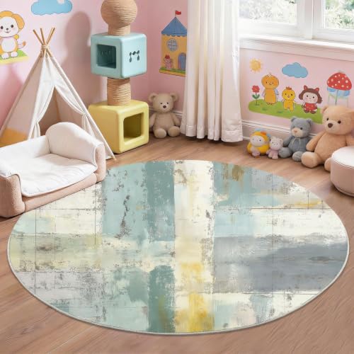 Tapis rond flanelle aquarelle vert abstrait lavable et moelleux - 5