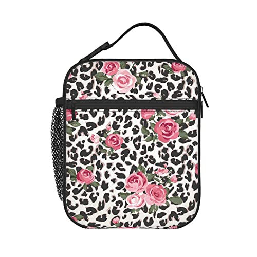 Kiuloam Insulated Lunch Box Pink Rose Flower Leopard Cheetah Print Reusable Lunch Bag With Shoulder Strap For Women/Men/Girls/Boys Lunchbox Meal Tote Bag #TOP29