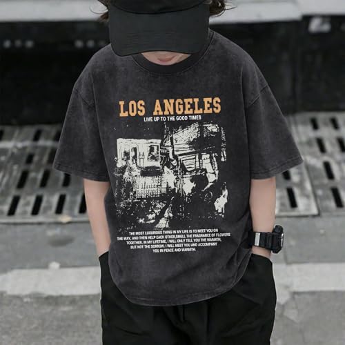 Image of Oversized Boys Graphic Tees Acid Wash Los Angeles Tshirt Youth Cotton T Shirt Crewneck Tee Kids Short Sleeve Tops