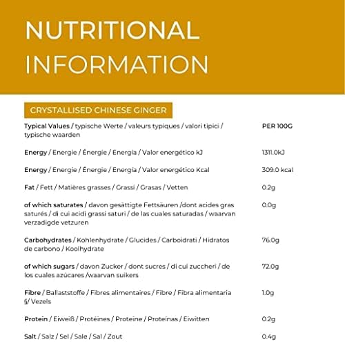 Hides Fine Foods - Crystallised Chinese Ginger 1kg - GMO Free - Suitable for Vegetarians - Great for Baking - Cookies - Biscuits - Cakes - Health Benefits