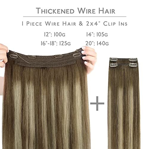 Image of WENNALIFE Wire Hair Extensions Real Human Hair 18 inch 125g Balayage Chocolate Brown to Honey Blonde Remy Real Hair Extensions Invisible Wire Human Hair Fish Line