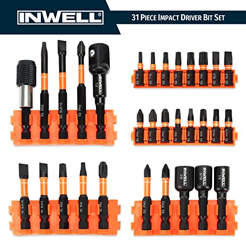 Inwell 31 Piece Impact Driver Bit Set, Impact Screwdriver Bit Set, Magnetic Nut Driver Set - S2 Steel Bits Set - Magnetic Tips - Phillips,Slotted,Hex,Square And Torx - For Power Drills #TOP1