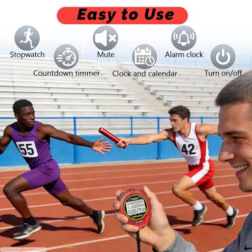Image of Sports Stopwatch Timer, 10 Lap /Split Memory Digital Stopwatch Countdown Timer with 12 /24 Hour Clock Alarm On /Off, Calendar 3-Row Extra Large Screen Lanyard for P.E Coach and Referees (Red)