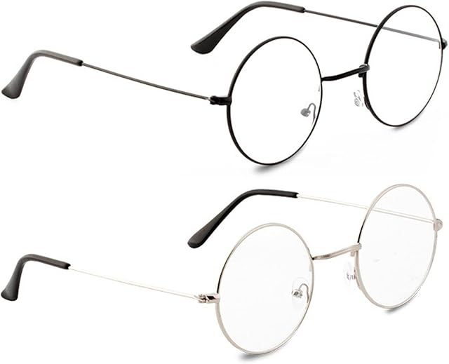 YICHENGTIANXIA Metal Frame Round Glasses Vintage Metal Clear Lens Glasses, Unisex, Black, Silver, (2 Pairs)