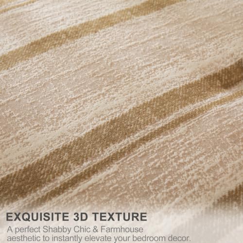Image of Tufted Fleece Comforter Set King- Super Soft Warm Fluffy Shaggy Bedding Sets, Striped Jacquard Bed Set for Winter, 1 Sherpa Comforter with 2 Pillow Cases (104 inchX90 inch Khaki Striped)