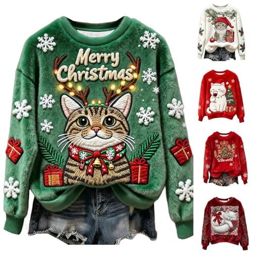 HUIFUAO - Sudadera de franela de Navidad para mujer, lindo gato, Papá Noel, camisetas de Navidad, trajes divertidos de Navidad, para invierno, cálido, suave, manga larga, disfraces novedosos, regalos