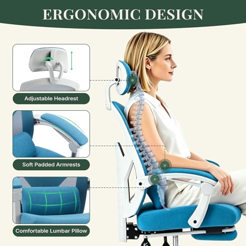 Image of Ergonomic Office Chair with Footrest, High Back Home Desk Computer Chair with Lumbar Support & Headrest, 90-135 Reclining Mesh Back with Wheels for Work, Gaming, Blue