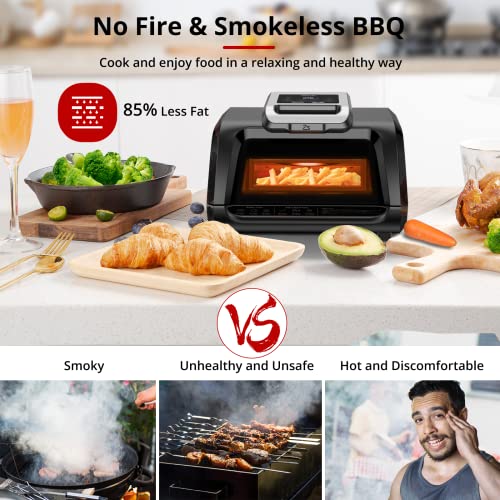 Indoor Grill Combo with See-Through Window, 7-in-1 Versatile, use Opened or Closed, Air Fry, Dehydrate & More, Pro Power Grate, Flat Top Griddle, 4Qt