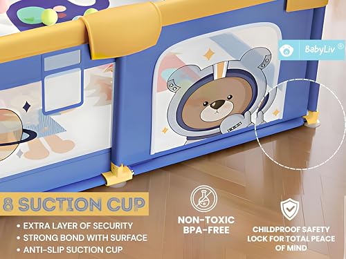 Image of Playard | Spacious Playpen for Kids up to 4 Years | Safety Lock | Thick Padding | 360 Mesh | Portable Activity Center (Space Baby Bear, Ocean Blue, 150x180 cm) | No Mat /Grip /Balls (WY)