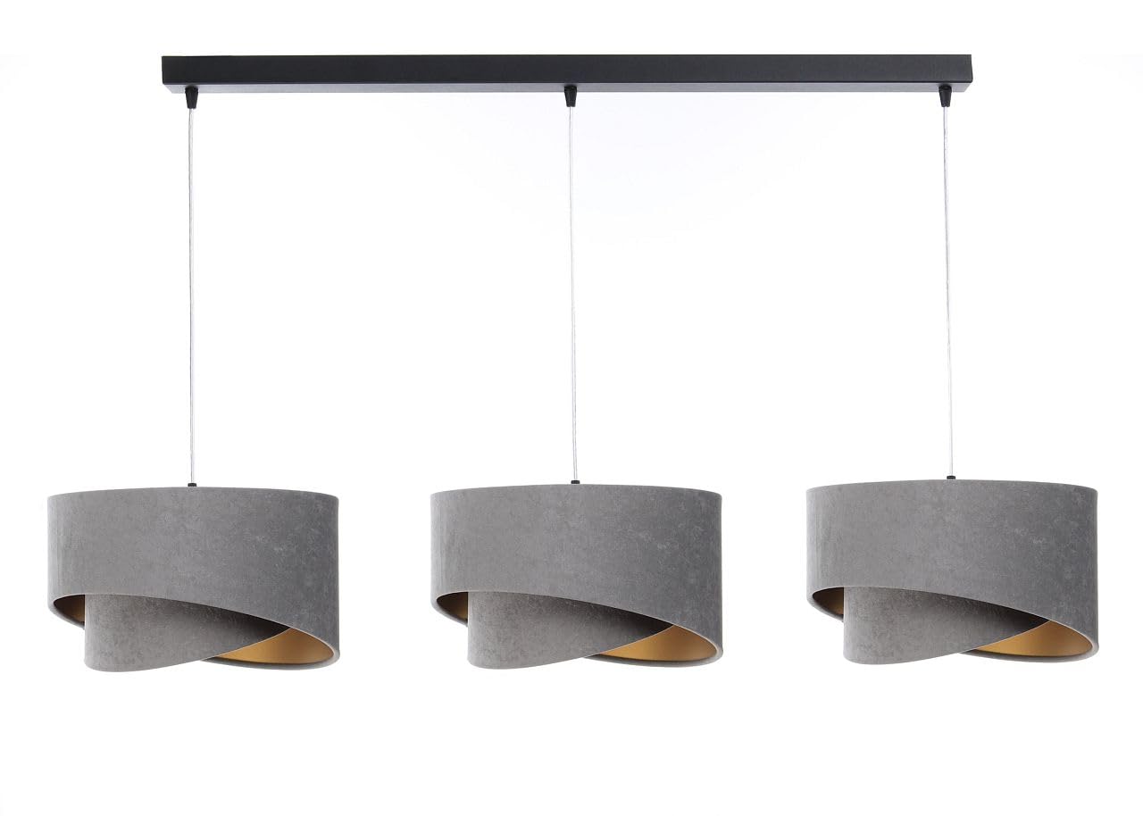 Licht-Erlebnisse Pendelleuchte 3-flammig in Schwarz Grau Gold E27 Stoff Velours Optik Doppelschirm Modern verstellbare Hängelampe Wohnzimmer Esszimmer