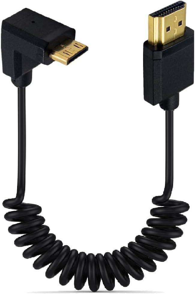 3.9 Feet Mini HDMI to HDMI 4K@60Hz Coiled Cable, Upward Angle Mini HDMI 2.0 Male to HDMI 2.0 Male High Definition Adapter Converter Spiral Spring Cord, 18Gbps High Speed