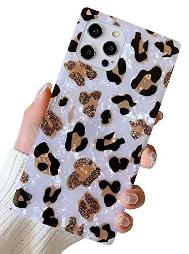 KERZZIL for iPhone 12/12 Pro Case 6.1-inch,Cute Slim Square Golden Sparkle Glitter Leopard Pattern Soft TPU Silicone Protective Durable Cases Cover Compatible with iPhone 12/12Pro(White Black)