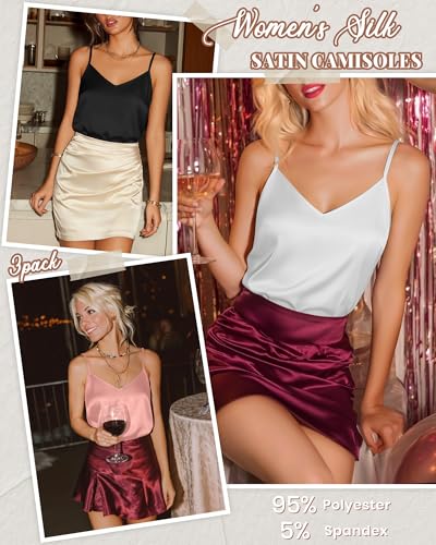 Image of 3 Pack Women's Silk Satin Camisoles V Neck Tank Tops | 95% Polyester, 5% Spandex, Adjustable Spaghetti Strap, Loose Blouse, Daily Wear, Sleeveless, Classic V Neck