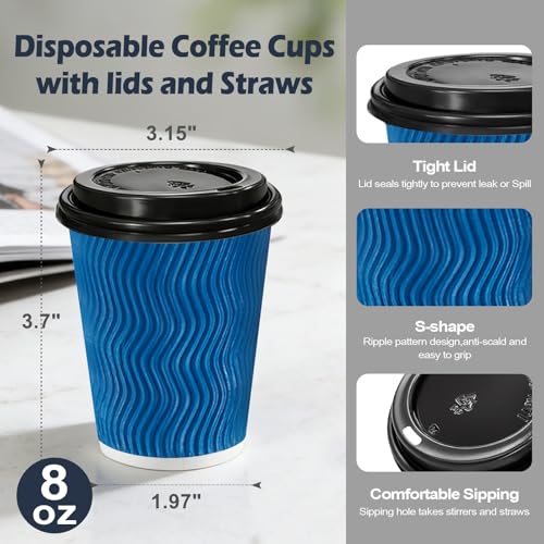 Lamosi 8 oz 100 Pack Disposable Coffee Cups with Lids, Insulated Paper Coffee Cups with Lids, Corrugated Ripple Wall To Go Coffee Cup with Lid for Hot Beverages (Blue) by Lamosi - Image 2