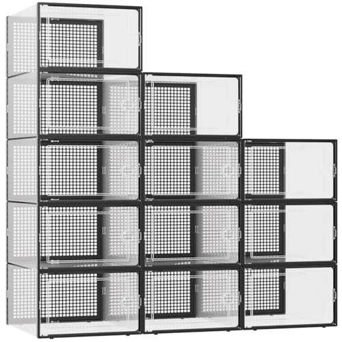 Image of Kuject XXX-Large Shoe Storage Boxes Organizers Clear Plastic Stackable 12 Pack, Shoe Rack & Holder Substitute, Sneaker Containers, Toy Storage Organizer Bins for,Closet, Under Bed, Black(No Fold Line)