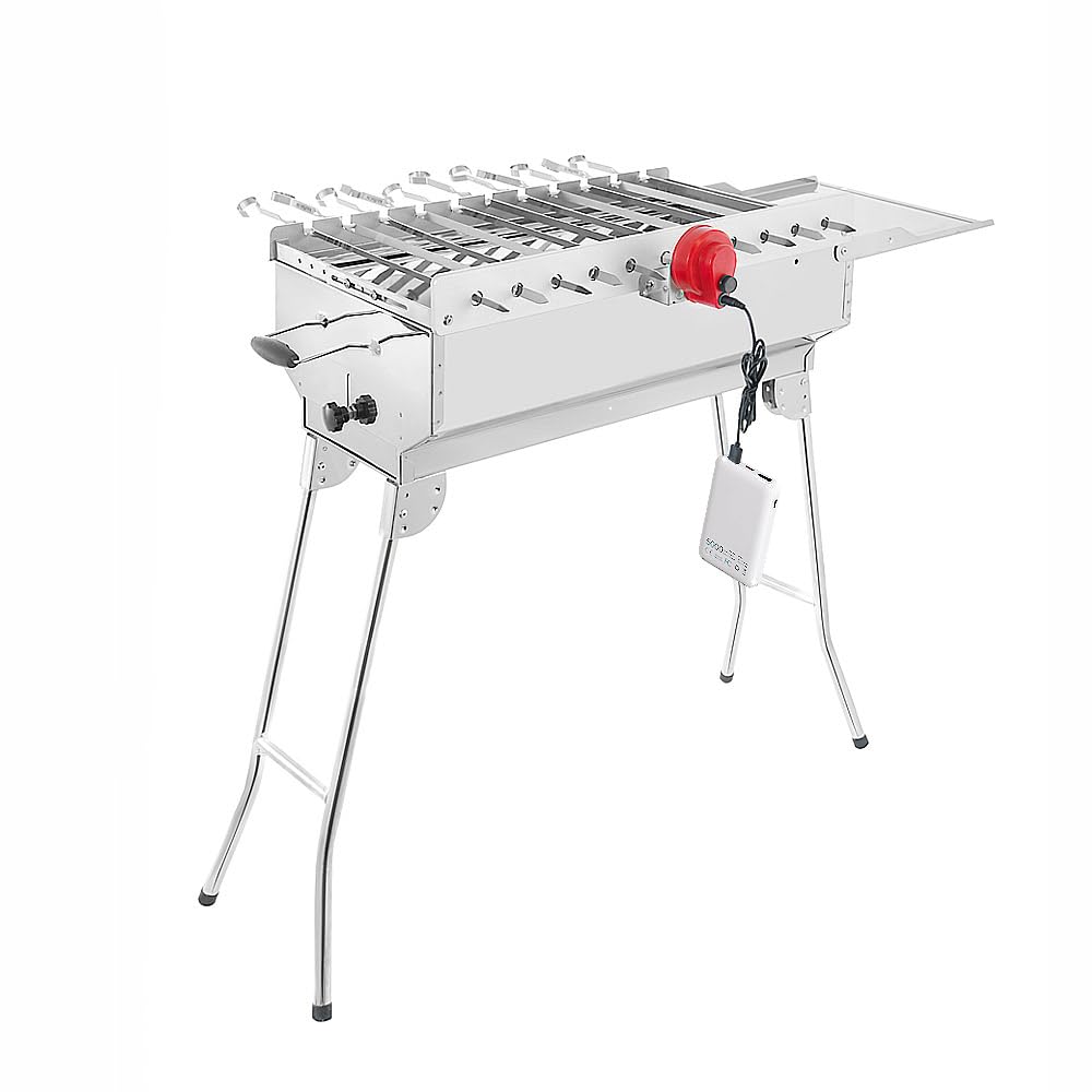 BEM Rambo Mangal Schaschlikgrill, Grillset mit Zubehör inkl. Powerbank | + Motor, Elektrisch, Edelstahl, Klappbar, Holzkohlegrill mit Spießen