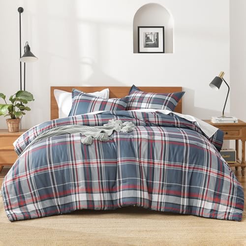 Image of Andency Navy Red Plaid Comforter Set Full(79x90Inch), 3 Pieces Grid Gingham Stripes Bedding Comforter Sets for Boys Girls Kids Teens, Preppy Geometric Line Soft Lightweight Reversible Bed Set as Gift