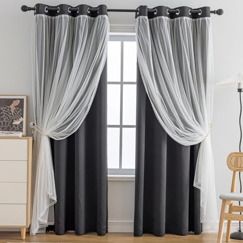 Image of Anytime Double Layer Blackout Curtains 2 Panels,52Wx84L,Black | Sheer And Fabric Window Drapes Grommet Top Solid Color Bedroom Living Room Home Decor