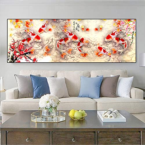 Toile poisson Koi style chinois pour salon | Peinture murale 60x180 cm sans cadre