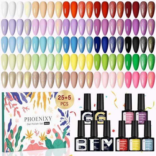 Phoenixy 30Pcs Vernis Semi Permanent 25 Couleurs Vernis Gel UV Semi Permanent avec Base Coat Top Coat Brillant Mat et Pailleté Lot Vernis à Ongles Bleu...