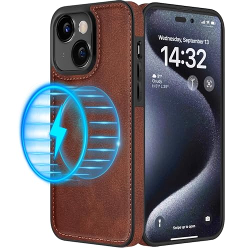 LOHASIC for iPhone 15 Leather Case MagSafe, Magnetic Soft PU Vintage Leather Phone Case for Men & Women, Slim Designer Cover for iPhone 15 6.1',Brown