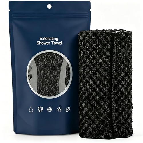 Silver Towel Exfoliating Shower Towel 48 Premium Scrub Wash Cloth for Body Face Exfoliating Washcloth for Men and Woman (Black)