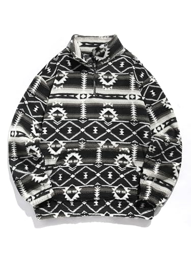 Image of ZAFUL Men 1 /4 Zipper Ethnic Aztec Fleece Unisex Winter Sweatshirt Tops 2026 | Funnel Neck Fluffy Polar Fleece Faux Sherpa Soft Thermal Pullover Kangaroo Pocket Jacket Hoodie Tops