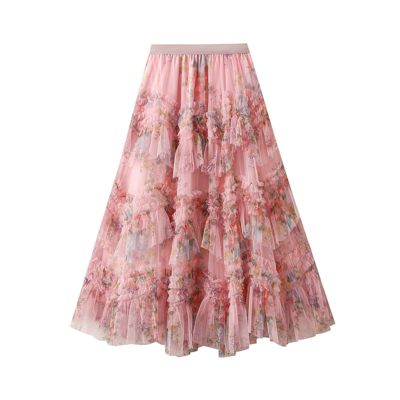 Womens Floral Tulle Skirt with Beads Elastic High Waist Mesh Tutu A-Line Midi Skirts2