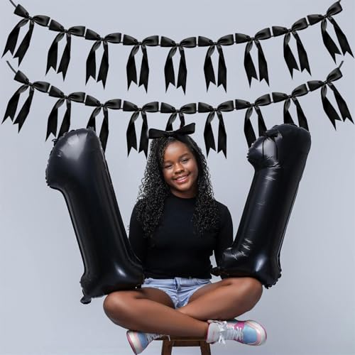 Image of 2pcs Bow Garland Banner Ribbon Bow Party Decorations for Baby Shower Decor Tying The Knot Girls Bow Coquette Birthday Party Decoration (Black)