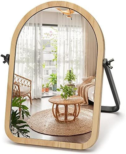 Geloo Vanity Makeup Table Mirror - Desk Mirrors 360 Adjustable Rotation,Wood Framed Small Standing Mirror for Bedroom,Tabletop,Office,Antique,Dresser,Countertop 11.8'' x 7.8''