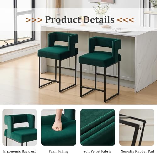 Image of 26 inch H Velvet Bar Stools Set of 6, Counter Height Bar Seats with Square Back, Modern Upholstered Armless Barstools with Metal Black Legs for Kitchen Island Dining Room Bar, Green