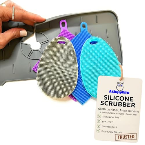 Image of Faucet Mat for Sink - Silicone Scrubber Dish Set, Splash Guard, Food Grade BPA Free Kitchen Scrubber