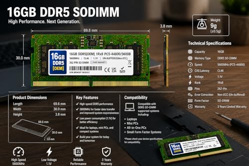 Image of 16GB DDR5 5600MHz OEM Laptop RAM Compatible with Samsung [Key Specs: PC5-44800 /5600B | 262-Pin SO-DIMM | CL46 | 1Rx8 | 1.1V | Non-ECC] | 3 Years Seller Warranty