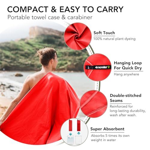 Image of 4Monster Quick Dry Travel Towel with Case & Carabiner - Super Absorbent Microfiber Gym & Camping Towel. Compact, Lightweight, Fast Drying for Beach, Swimming, Hiking, Backpacking