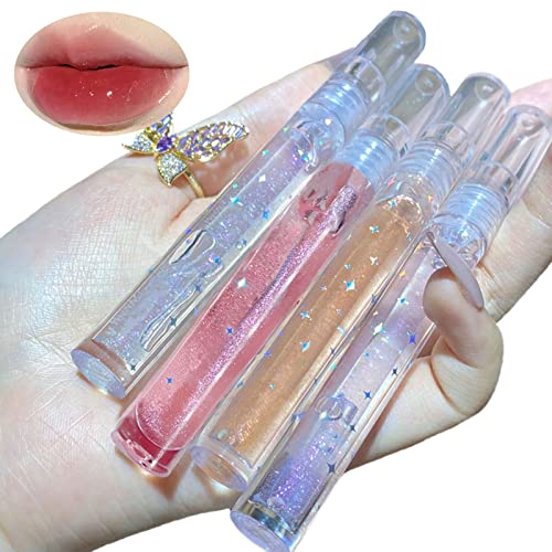 Natural Hydrating Shimmery Lip Gloss Set, Waterproof Long Lasting Moisturizing Lip Care Lip Oil Gloss, Diamond Transparent Shimmer Hydrating & Plumping Lip Tint For Women And Girls (4Pcs) #TOP28
