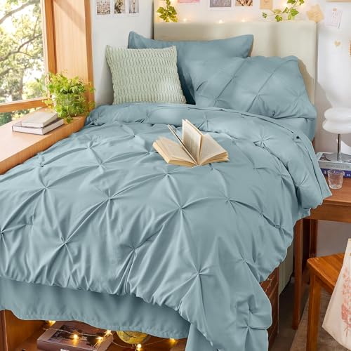 Image of Sasttie Twin Comforter Set, 5-Piece Bed in a Bag, Pintuck Bedding Sets for All Season, Includes Comforter, Flat Sheet, Fitted Sheet, Pillowcase and Pillowsham, Greylish Blue